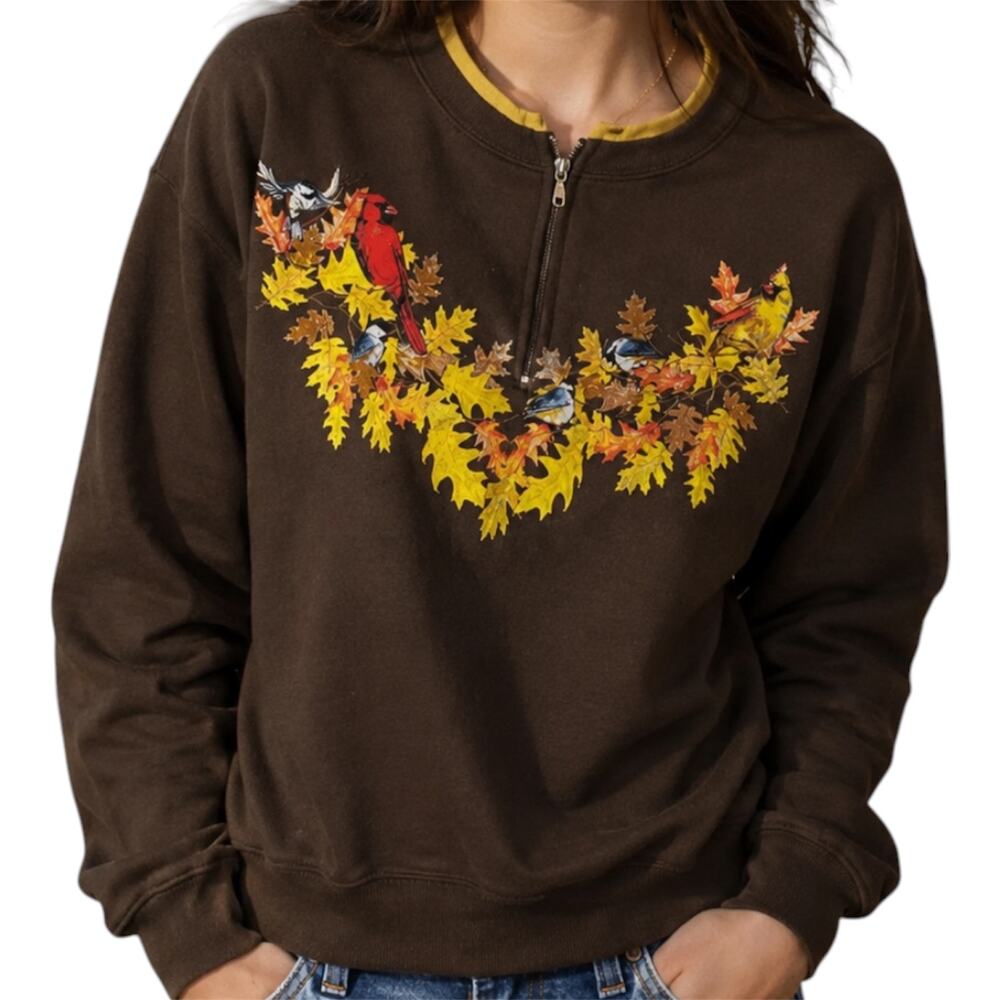 Vintage Artisans Double Collar 1/4 Zip Sweatshirt 90s Cardinal Fall Leaf Brown S